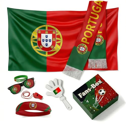 Soccer Fan Gear Set 2026-7 Piece Game Day Kit with Flag, Scarf, Glasses, Whistle, Clapper, Wristband & Headband in Gift Box - Watch Party & Stadium Essentials for Portugal - color: Portugal