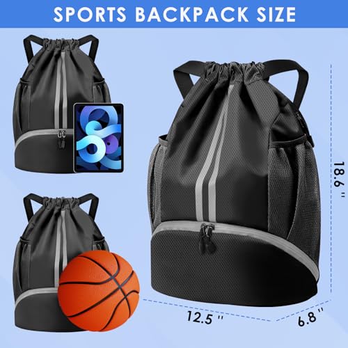 BROTOU Soccer Bags, Football Backpack, Volleyball Bag, Drawstring Backpack with Ball and Shoe Compartment, Football bags for Equipment Swim Gym Bag - color: Black