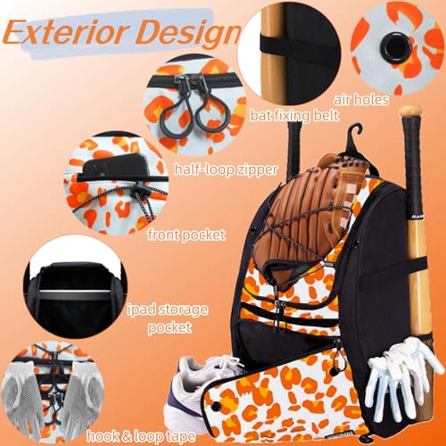 Youth Softball Equipment Bag with Vented Shoe Compartment, Baseball Bat Bag, Fence Hook, for Batting Mitten, Helmet, Teeball Gear, Adult Boys Girls Kids - color: Orange Leopard