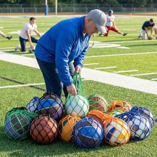 Jucoan 12 Pack Soccer Ball Bags, Single Ball Carrier Bags, Nylon Net Bags with Handles for Carrying Football Basketball, Volleyball, Fits Size 3, 4, 5