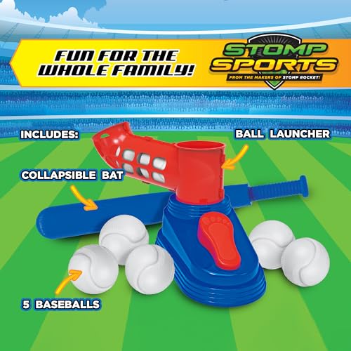 Stomp Rocket Stomp N Pitch Baseball Pitching Machine for Kids - Baseball Training Machines for Boys & Girls with Collapsible Bat, Launcher & 5 Balls - Outdoor Sports Gear & Toys - 6+ Year Olds
