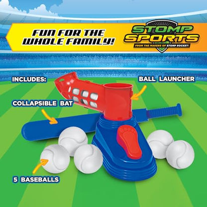 Stomp Rocket Stomp N Pitch Baseball Pitching Machine for Kids - Baseball Training Machines for Boys & Girls with Collapsible Bat, Launcher & 5 Balls - Outdoor Sports Gear & Toys - 6+ Year Olds