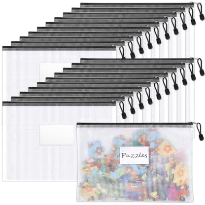 Sooez 20 Pack Mesh Zipper Pouch Bags, A4 Letter Size Zipper Bag with Label Pocket, Waterproof Pouches Classroom Organizer, Board Game Toy Storage, Document Bag Teacher School Office Supplies, Black - style: 20 Pack (All Black)