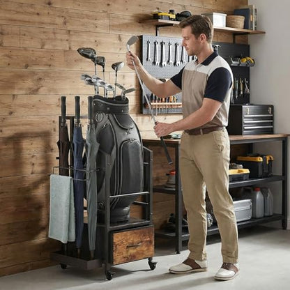 Golf Bag Organizer Rack with Wheels, Golf Storage Organizer for Garage,Golf Stand & Accessories,Brown Garage Organizer Fit Single Golf Bags