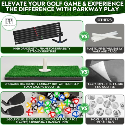 Parkway Play Sticky Golf Chipping Game Set 6x6 ft Metal Frame, Backyard Target Game, 2 Clubs, 25 Sticky Balls, Turf Mat, Indoor Outdoor Yard Sport, Golf Practice Set, Chipping Training Aid - style: METAL FRAME SET