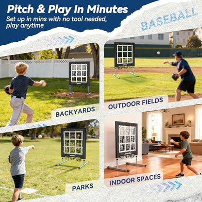 9 Hole Pitching Net with Strike Zone, Heavy-Duty Baseball & Softball Training Equipment for Pitching and Hitting, 5 Height Adjustable 9 Pocket Target, Portable Practice Equipment for All Ages
