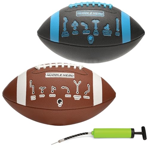Xcello Sports Huddle Hero Junior Football 2-Pack w/Pump (Black/Blue and Brown/White) - color: Black and Blue, size: Junior