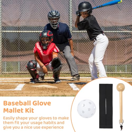 Glove Break-in Tool Kit for Baseball Mitts, Wooden Mallet with Grip, Elastic Wrap, and Plastic Ball Included for Pocket Shaping