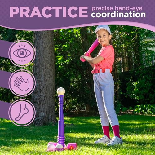 TOMLEON T Ball Stand for Girls 3-5, 5-8. Baseball Set Includes 6 Large Balls, an Adjustable Tball Batting Tee, and a Storage Net. Kids Bat and Ball, T-Ball Sets for Kids