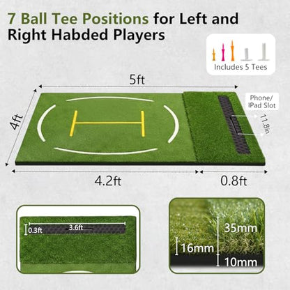 Upgraded Golf Hitting Mat, Dual Turf Golf Practice Mat with Alignment Guide Lines,Ball Tray, Non Slip Rubber Base & EVA Cushion - size: 5x4ft 1.02"