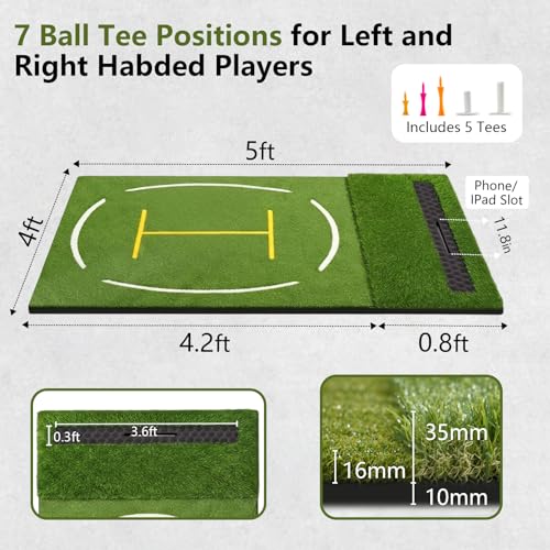 Upgraded Golf Hitting Mat, Dual Turf Golf Practice Mat with Alignment Guide Lines,Ball Tray, Non Slip Rubber Base & EVA Cushion - size: 5x4ft 1.02"