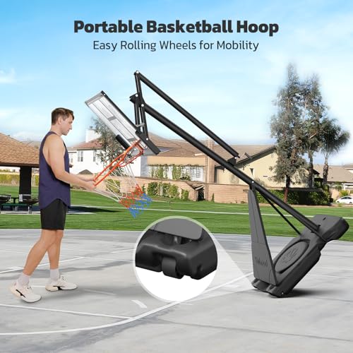Yohood Basketball Hoop Outdoor Portable 44/48 Inch Backboard, 10ft Quickly Adjustable Basketball Goal System with Wheels for Court/Backyard/Driveway