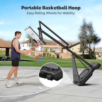 Yohood Basketball Hoop Outdoor Portable 44/48 Inch Backboard, 10ft Quickly Adjustable Basketball Goal System with Wheels for Court/Backyard/Driveway