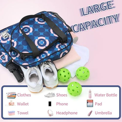 Boulder Bee Pickleball Bags, Premium Pickleball Tote Bag for Girls, Women’s Hand/Shoulder Gym Bag w Water Bottle Holder, with Pickleball Racquet/Paddle Holder - color: Blue and Pink