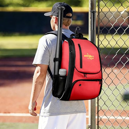 Youth Baseball Bag, Lightweight Softball Bag with Shoes Compartment, Baseball Backpack with Fence Hook for TBall Bat & Equipment - color: Red