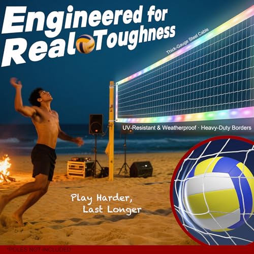 LED Volleyball Net Outdoor with Long-Lasting Lights & Reinforced Tear-Resistant Nylon, Multi-Stunning Night Modes, 46FT Extra-Long Steel Cable for Backyard & Beach (32x3FT)