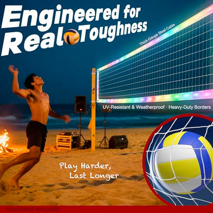 LED Volleyball Net Outdoor with Long-Lasting Lights & Reinforced Tear-Resistant Nylon, Multi-Stunning Night Modes, 46FT Extra-Long Steel Cable for Backyard & Beach (32x3FT)