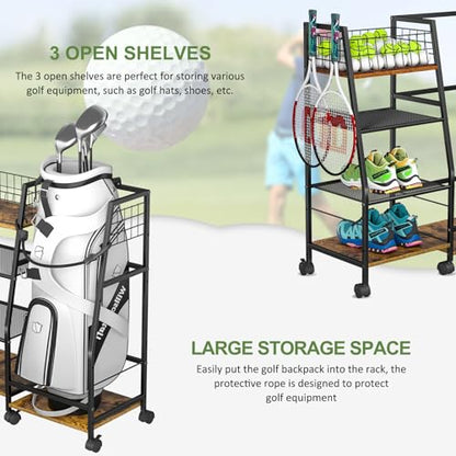 DAOUTIME Golf Bag Garage Storage Rack with Wheels, Organizer for Single Golf Bag and Equipment Accessories, Ideal for Home, Garage, Club, Shed, Basement - Sturdy Wood and Metal Construction (Black)