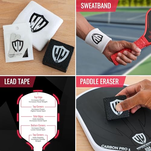 Paddle - USAPA Approved - T700 Carbon Fiber for Ultimate Spin - Elongated Handle and Shape for Power - Paddle Cover, Paddle Eraser, Lead Tape, Sweatband Included - color: Red