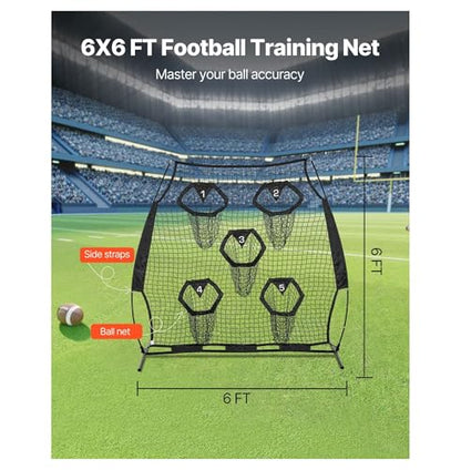 6 x 6 ft Football Trainer Throwing Net, Training Throwing Target Practice Net with 5 Target Pockets, Knotless Net Includes Straps and Portable Carry Case, Improve QB Throwing Accuracy, Black