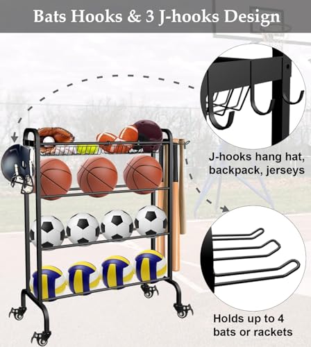 Ball Rack Organizer with Wheels, 4Tier-Rolling Basketball Racks Holder for Balls, Sports Equipment Storage Stand Organizer for Basketball, Football, Soccer and Volleyball, Black