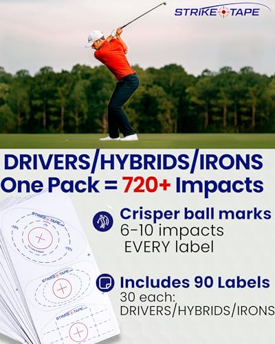 STRIKEPRO Strike Tape Golf Impact Tape Right or Left Hand Club Face Stickers. No Residue Golf Impact Stickers for Instant Swing Analysis. Packs of Drivers or Drivers/Hybrid/Irons club face labels - size: DRIVER/IRONS/HYBRIDS