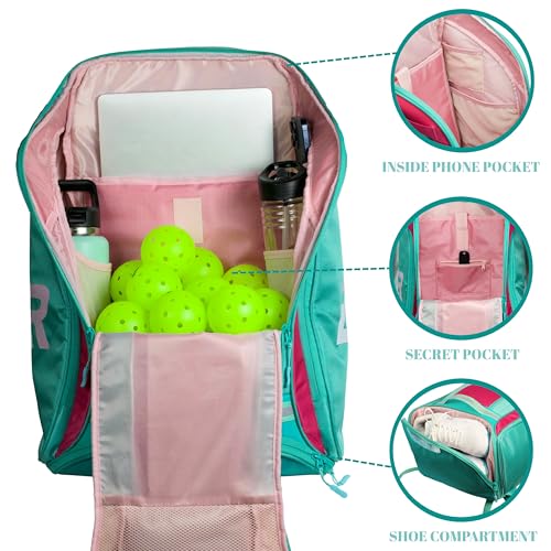Pickleball Bag - Water Proof Pickleball Backpack, Ample storage for Paddles and Gear, Fence Hook, Shoe Compartment - color: Fuchsia/Teal