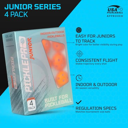 PicklePro Junior Outdoor & Indoor Pickleball Balls for Beginners – Lightweight LDPE 40-Hole Design for Stable Flight, Durable Construction for Training and Youth Play, USAPA Compliant
