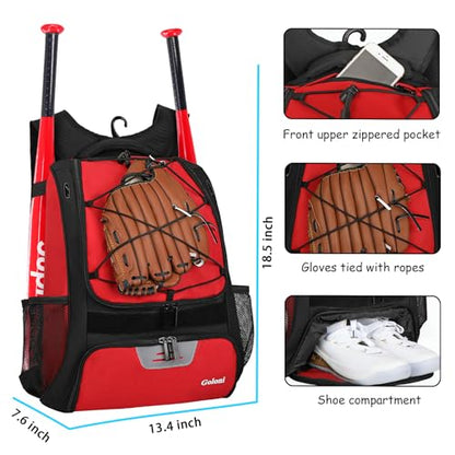 Goloni | Baseball Backpack,Baseball Bag for Adult,Softball Bat Bag with Shoes Compartment,Large Main Compartment for Helmet & accessories, Fence Hook - color: Pure red