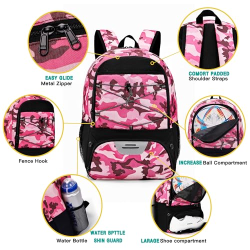 Hsmihair Youth Soccer Bag-Soccer Backpack&Backpack for Football Basketball,with Ball Compartment Separate Cleat Package - color: CamoPink