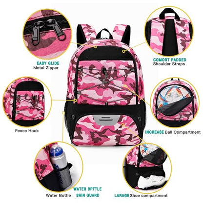 Hsmihair Youth Soccer Bag-Soccer Backpack&Backpack for Football Basketball,with Ball Compartment Separate Cleat Package - color: CamoPink