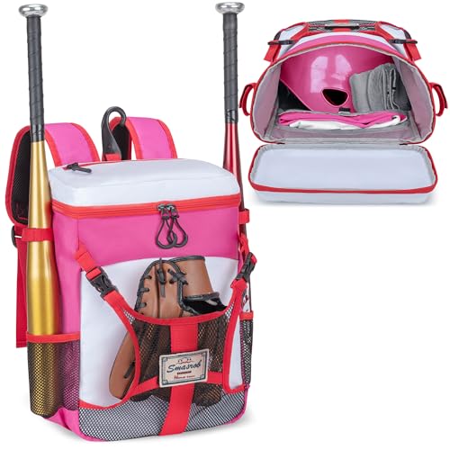 Smasrob Youth Baseball Bag for T Ball, Rec and Travel Ball, Softball Bag with Helmet Holder and Fence Hook - color: Pink