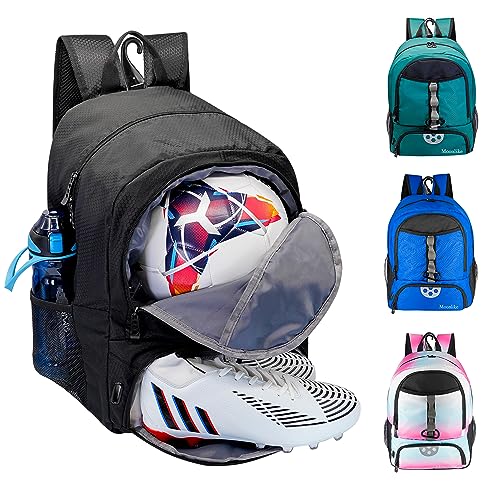 Youth Soccer Bag, Soccer Backpack for Football Volleyball Basketball, Backpack with Ball Compartment and Ball Holder - color: Black