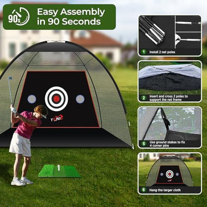 Golf Practice Net with Tri-Turf Mat - All-in-One Home Golf Hitting Aid for Backyard Driving, Chipping, Swing Training