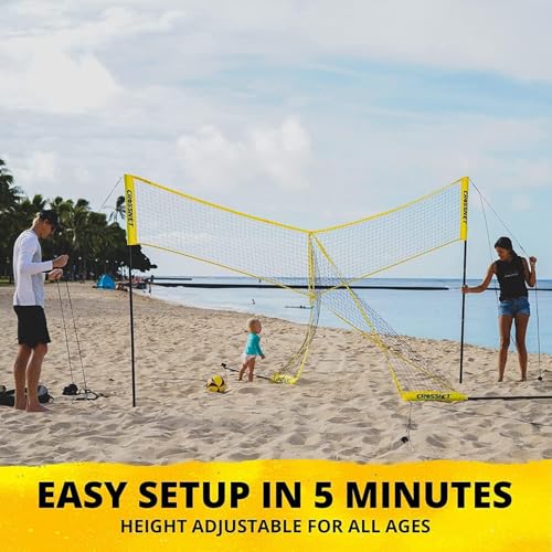 CROSSNET 4-Way Volleyball Net Set with Adjustable Poles Backpack & Official Ball Quick Setup Outdoor Volleyball Game for Adults & Kids 4 Square Volleyball Net for Backyard Beach Yard Lawn & Park Play