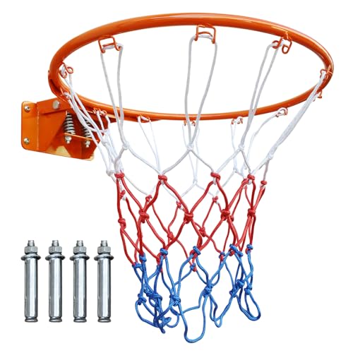 18" Basketball Rim Replacement, Wall Door Mounted Basketball Rim, Double Spring Solid Basketball Rim Replacement with Net Fits In-Ground & Wall-Mounted Basketball Hoops, Indoor/Outdoor - color: Orange