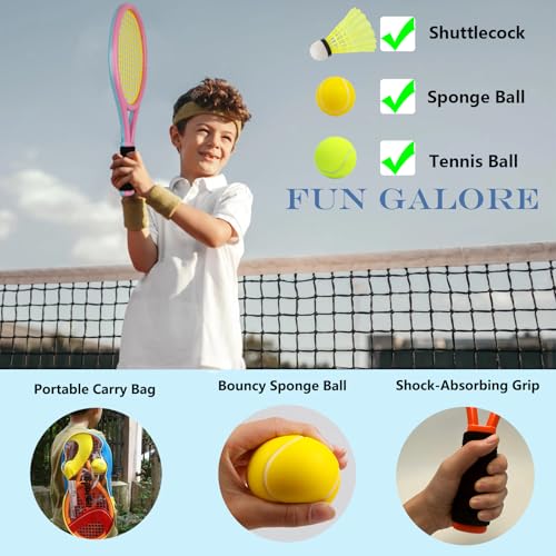 Kids Tennis Racket 17 Inch Lightweight for Junior Toddlers - Includes 2 Tennis Balls, 2 Sponge Balls, 4 Shuttlecocks & Carry Bag - color: Blue & Pink