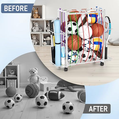 Rolling Sports Ball Storage Cart, Large Capacity Sports Equipment Organizer Garage Ball Organizer with Bat & Racket Holder, Heavy-Duty Sports Equipment Rack with Wheels for Garage Home & Gym (White)