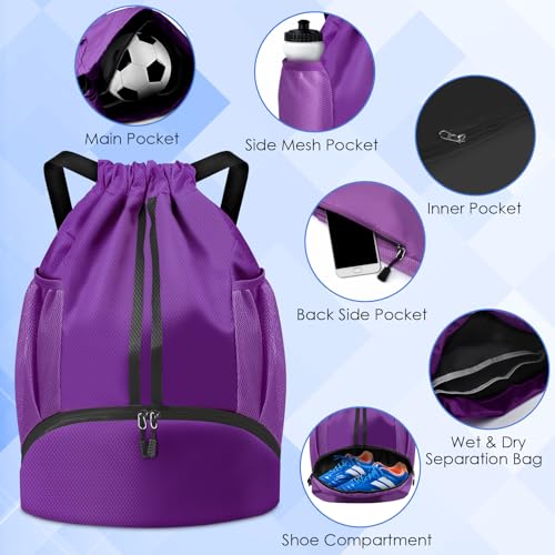 BROTOU Soccer Bags, Football Backpack, Volleyball Bag, Drawstring Backpack with Ball and Shoe Compartment, Football bags for Equipment Swim Gym Bag - color: Dark Purple