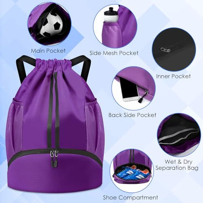 BROTOU Soccer Bags, Football Backpack, Volleyball Bag, Drawstring Backpack with Ball and Shoe Compartment, Football bags for Equipment Swim Gym Bag - color: Dark Purple