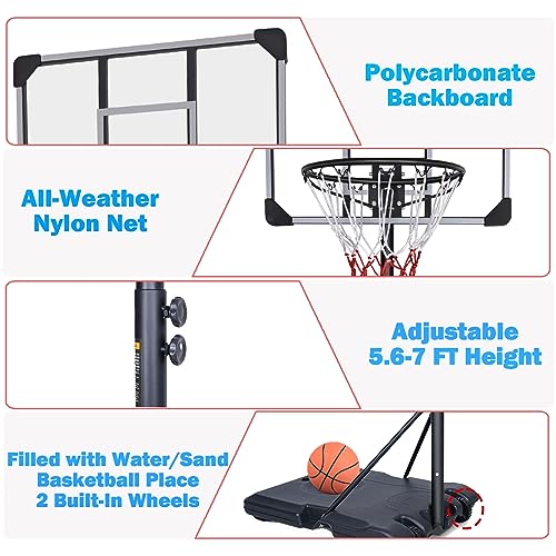 Portable Basketball Hoop, 5.6ft - 7ft Adjustable Basketball Hoop Goal System for Teenagers and Adults in Outdoor/Indoor, 28 Inch Shatterproof Backboard and Wheels