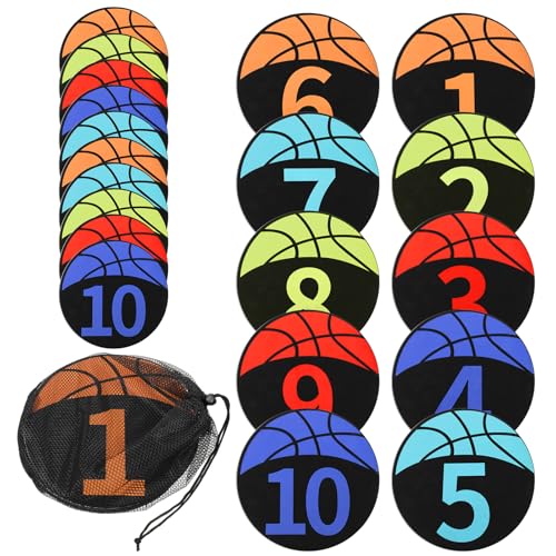 Basketball Spot Marker with Numbers, 10 Pack 9" Colorful Anti-Slip Rubber Sports Training Markers Round Flat Floor Markers with Carry Bag for Indoor/Outdoor Teaching & Training