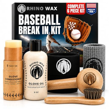 Rhino Wax - Baseball Glove Ultimate Break-in Kit - Includes Premium Oil for Ball Gloves, Mitt Conditioner, Hardwood Mallet, Wrap, Brush, and Microfiber Cloth - This is How to Break in a Glove Fast
