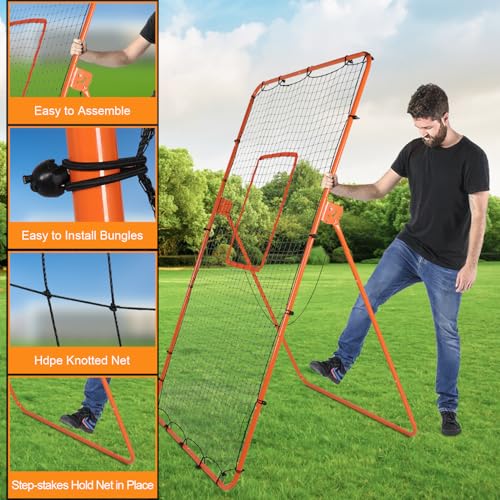 Volleyball Rebounder Net - 4x7ft with 5 Adjustable Angle for Throwing and Pitching Practice,Baseball, Softball and Lacrosse Including a Pair of Wrist Guards