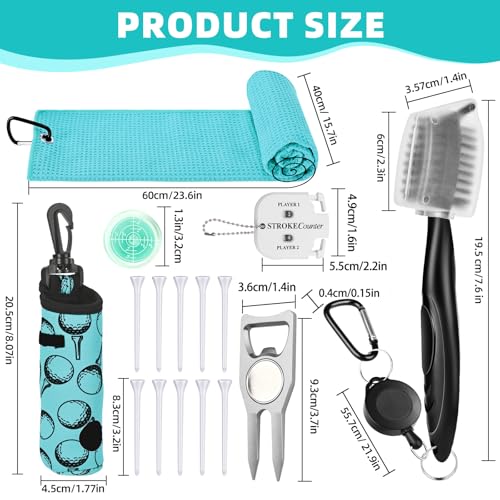17 Pcs Golf Accessories Kit, Includes Cleaner Brush, Towel, Plastic Tees, Golf Ball Bag with Hook, Ball Marker Divot Tool, Score Counter, Essentials Kit for Women Man Gifts