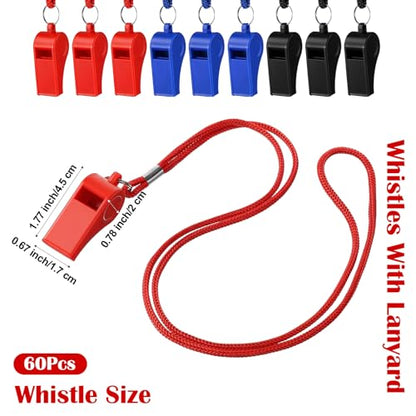 60 Pcs Whistles Bulk, Outdoor Sports Whistles with Lanyard Loud Crisp Sound Whistle for Coach Referees Training Emergency (Black, Blue, Red)