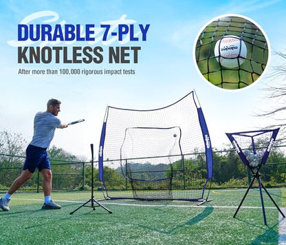 Zupapa Baseball Softball Practice Combo - 7 X 7 Feet Net Tee Caddy 12 Pack Baseballs Set, Upgraded Vivid Strike Zone, Baseball Backstop Practice Net for Hitting Pitching Batting Catching - color: Blue