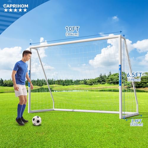 Caprihom Soccer Goals10FTx 6.5F Outdoor Backyard Soccer Net with Top Bin Target Net Portable Goal Post Training Equipment,Weatherproof PVC Soccer Goal