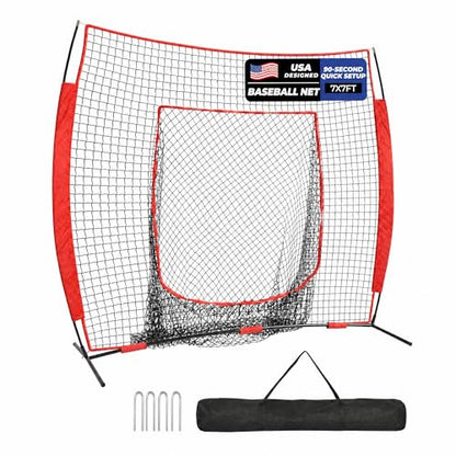 7 x 7 ft Baseball Net, Baseball Softball Batting Net for Practice Hitting Pitching Fielding, Quick Setup, Portable, with Carry Bag, 4 Ground Stakes - color: Red