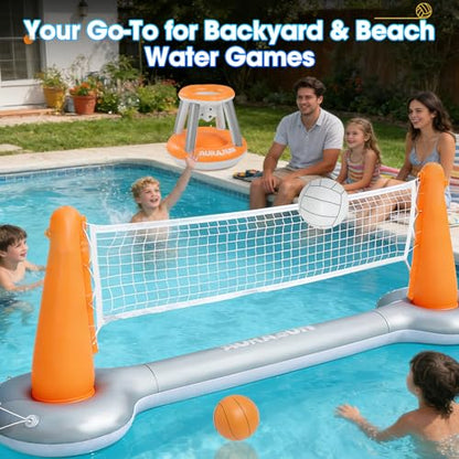 AURASUN Inflatable Pool Volleyball Net, Floating Swimming Pool Set with Basketball Hoop, Summer Pool Game Toy for Kids and Adults, Float Water Volleyball Court